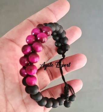 Black Matt with Red Cats Eye Crystals Double Layer Beaded Bracelet
