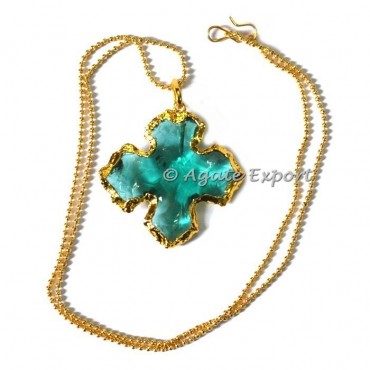 Dark Aqua Glass Cross Carved Point Necklace