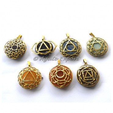 7 Chakra Stone Disc With Brass Chakra Symbol Pendant