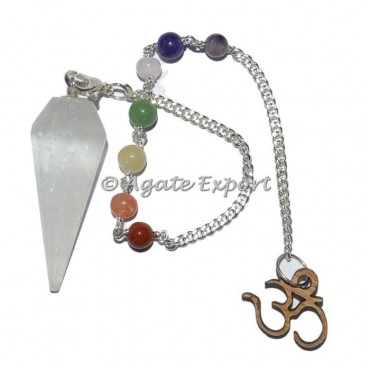Selenite 12 Faceted Chakra Beads Pendulums with Om