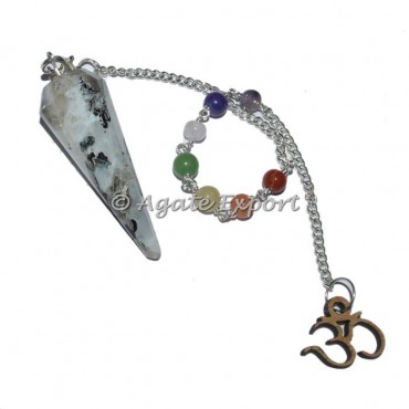 Rainbow Moonstone 12 Faceted Chakra Beads Pendulums with Om