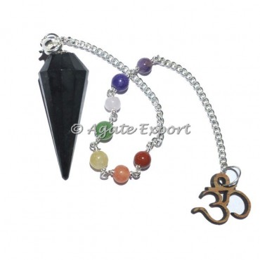 Black Tourmaline 12 Faceted Chakra Beads Pendulums with Om