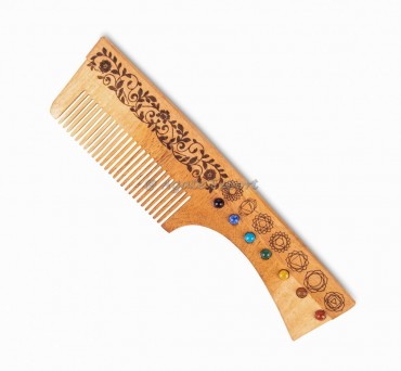 Neem Wood Comb with Chakra Symbols With Stone Floral Handle
