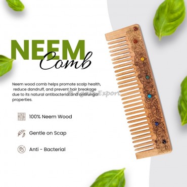 Floral With Chakra Stones Neem Wood Comb