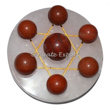 7 Red JAsper Ball on  Gold Star of David Rose Base