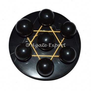 7 Black Agate Ball on Gold Star of David Black Base