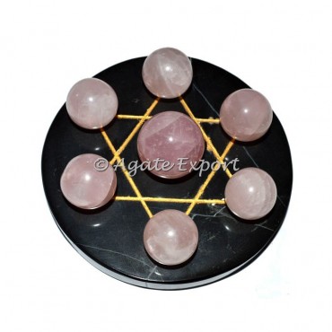 Seven Rose Quartz Ball on Gold Star of David  Black Base