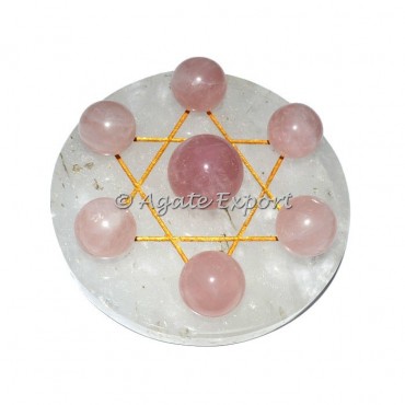 Seven Rose Quartz Ball on Gold Star of David  Crystal Quartz Base