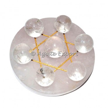 7 Crystal Quartz Ball on Gold Star of David Rose Quartz Base