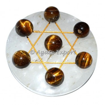Seven Tiger Eye Ball on Gold Star David  crytal Quartz Base