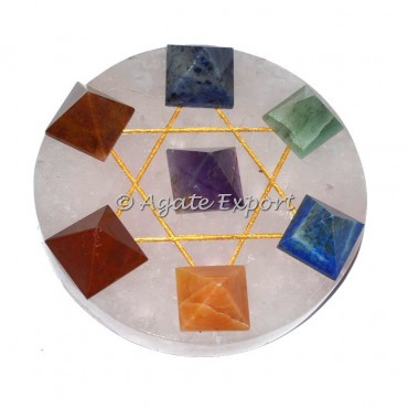 7 Chakra Pyramids on Gold Star David with Rose Quartz Base