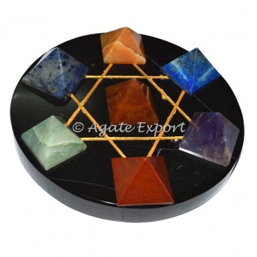 7 Chakra Pyramids on Gold Star David with Black Agate Base