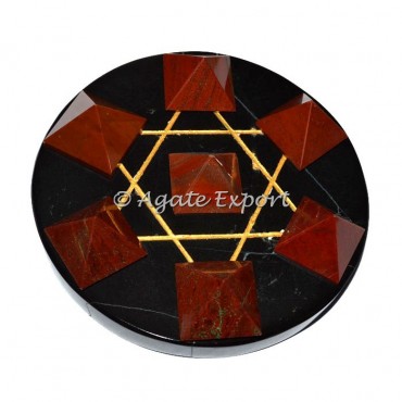 7 Red Jasper Pyramids on Gold Star David with Black Base