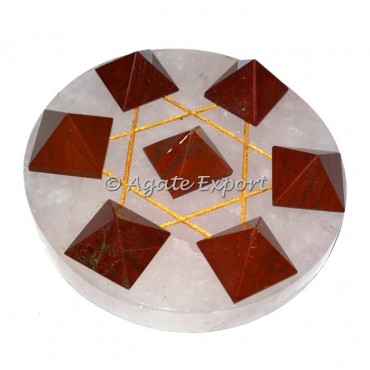 7 Red Jasper Pyramids on Gold Star David with Rose Base