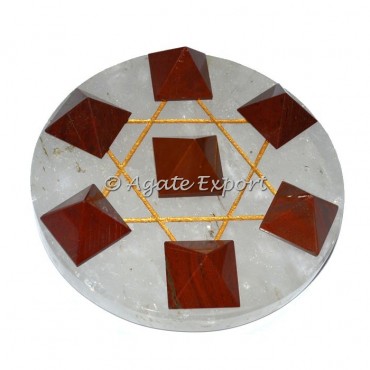 7 Red Jasper Pyramids on Gold Star David with Crystal Base