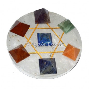 7 Chakra Pyramids on Gold Star David with Clear Quartz Base
