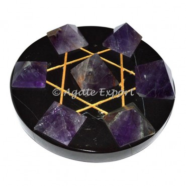 Seven Amethyst Pyramids on Gold Star David Black Base