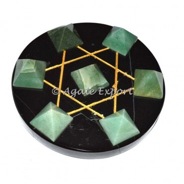 7 Green Aventurine Pyramids on Gold Star David Black Base