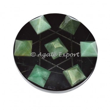 7 Green Aventurine Pyramids on Star David Black Base