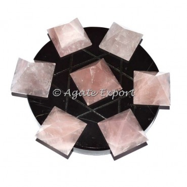7 Rose Quartz Pyramids on Star David Black Base