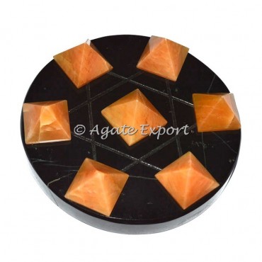 7 Golden Quartz Pyramids on Star David  Black Base
