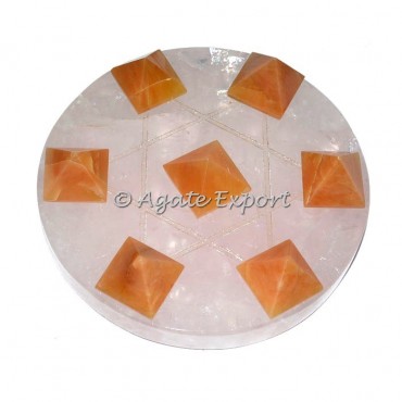 7 Golden Quartz Pyramids on Star David Rose Quartz Base