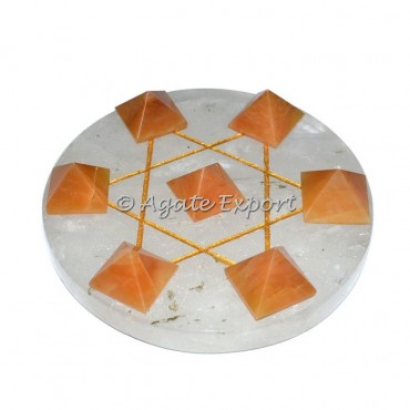 7 Golden Quartz Pyramids on Gold Star David Crystal Quartz Base