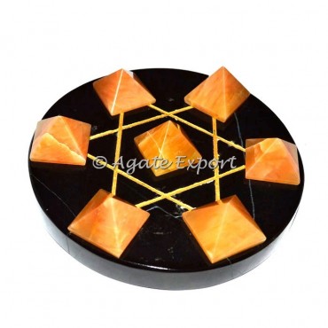 7 Golden Quartz Pyramids on Gold Star David Black Base