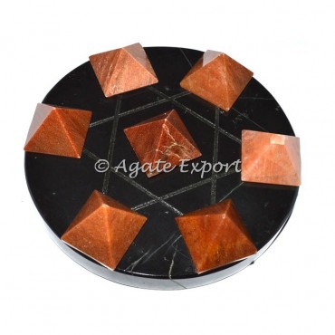 7 Peach Aventurine Pyramids on Star David Black Base