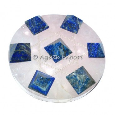 7 Lapis Lazuli Pyramids on Star David Rose Quartz Base