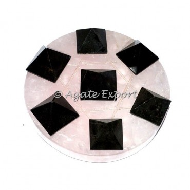7 Black Tourmaline Pyramids on Star David Rose Quartz Base