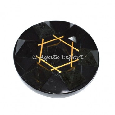 7 Black Toumaline Pyramids on Gold Star David Black Base
