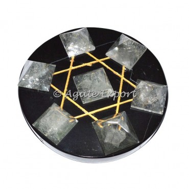 7 Crystal Quartz Pyramids on Gold Star David Black Base