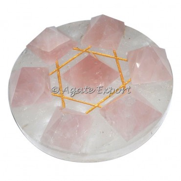 7 Rose Quartz Pyramids on Gold Star David Crystal Base