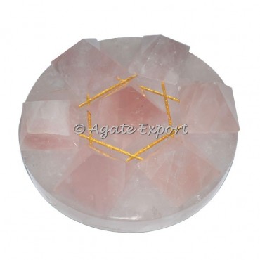 7 Rose Quartz Pyramids on Gold Star David Rose  Base