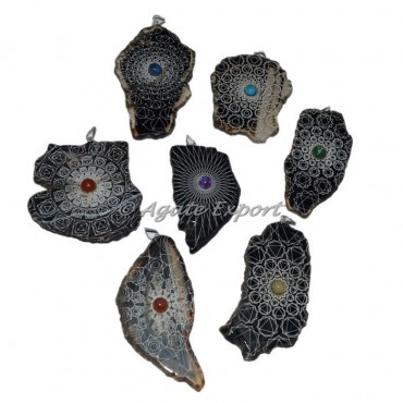 Assorted Stone Engraved Chakra Slices Pendants