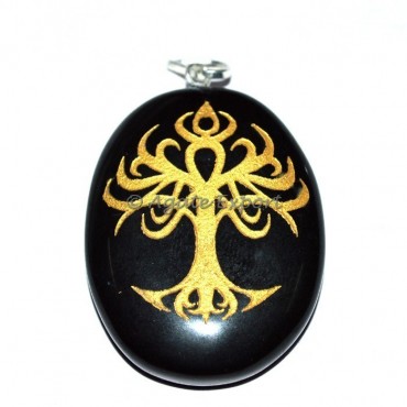 Black Agate Flower Of Life Tree Engraved Pendant