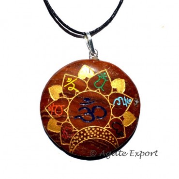 Seven Chakra Sanskrit Red Jasper Disc Pendant