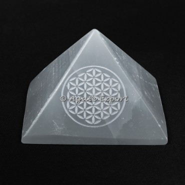 Engraved Flower Of Life On Selenite Pyramid