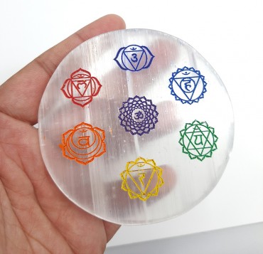 Engraved Colourful 7 Chakra Sanskrit Selenite Charging Plate