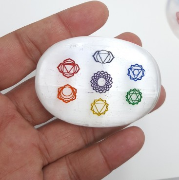 Engraved Colourful 7 Chakra Selenite Charging Plam Stone