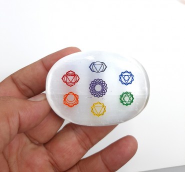 Engraved Colourful 7 Chakra Selenite Charging Plam Stone