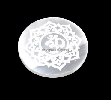 Om Engraved Selenite Circle Round Charging Plate