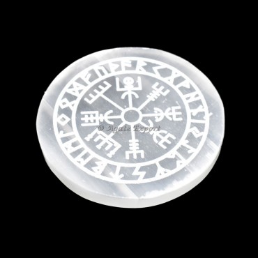 Runes Engraved Selenite Circle Round Charging Plate