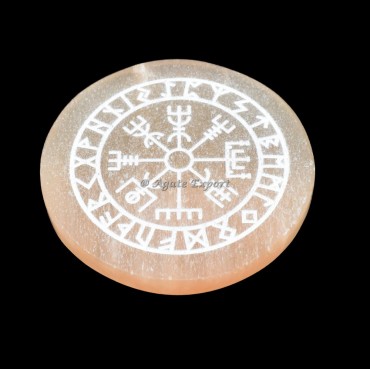 Runes Engraved Orange Selenite Circle Round Charging Plate