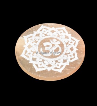 Om Engraved Orange Selenite Circle Round Charging Plate