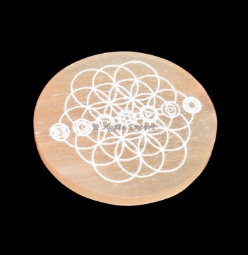 Flower Of Life With Chakra Selenite Circle Round Charging Plate