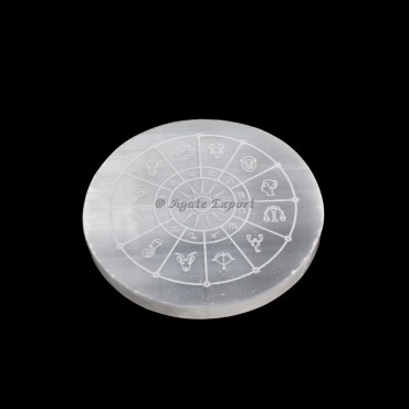 Zodiac Sign Engraved Selenite Circle Round Charging Plate