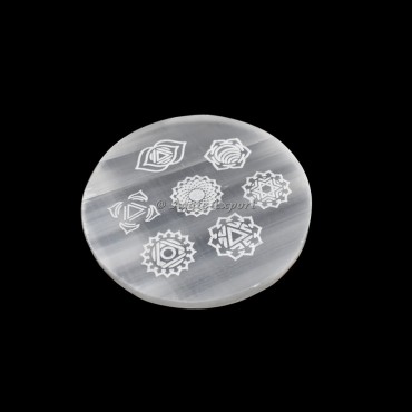 Celtic Chakra Engraved Selenite Circle Round Charging Plate
