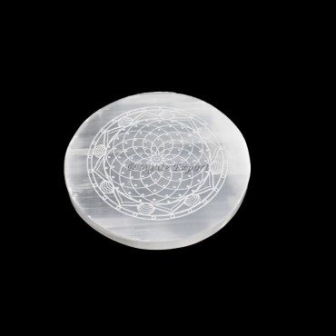 Accent Flower Of Life Selenite Circle Round Charging Plate